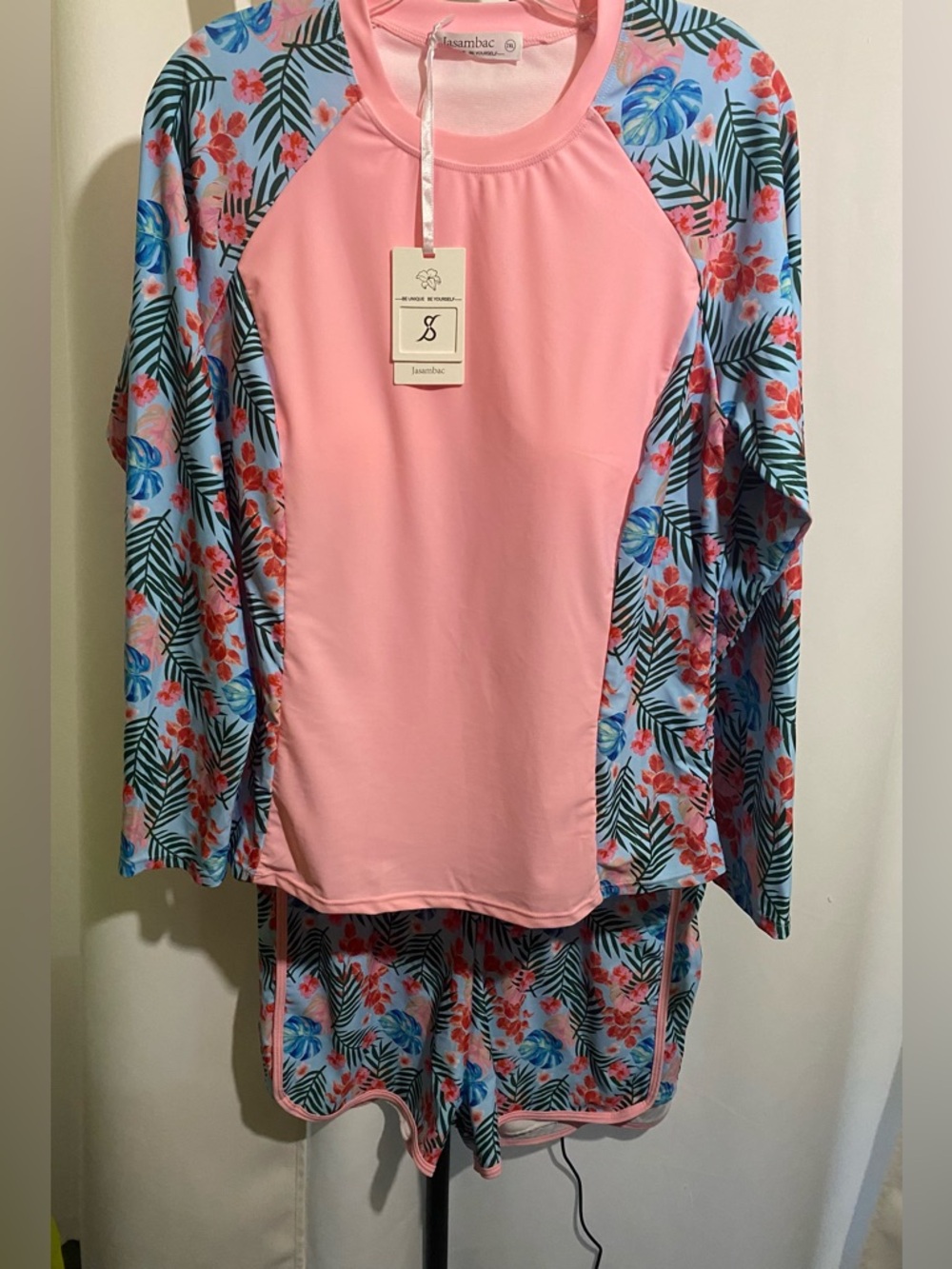 Jasambac Pink And Tropical Blues, Long-Sleeve Swimwear Set